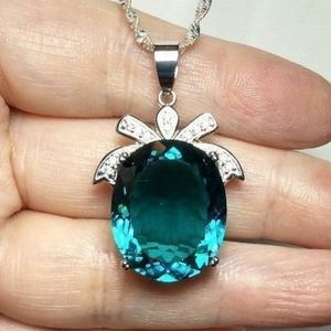 New, Big Rich Blue Aquamarine & CZ, 925 St. Silver/Rhodium Pendant Necklace